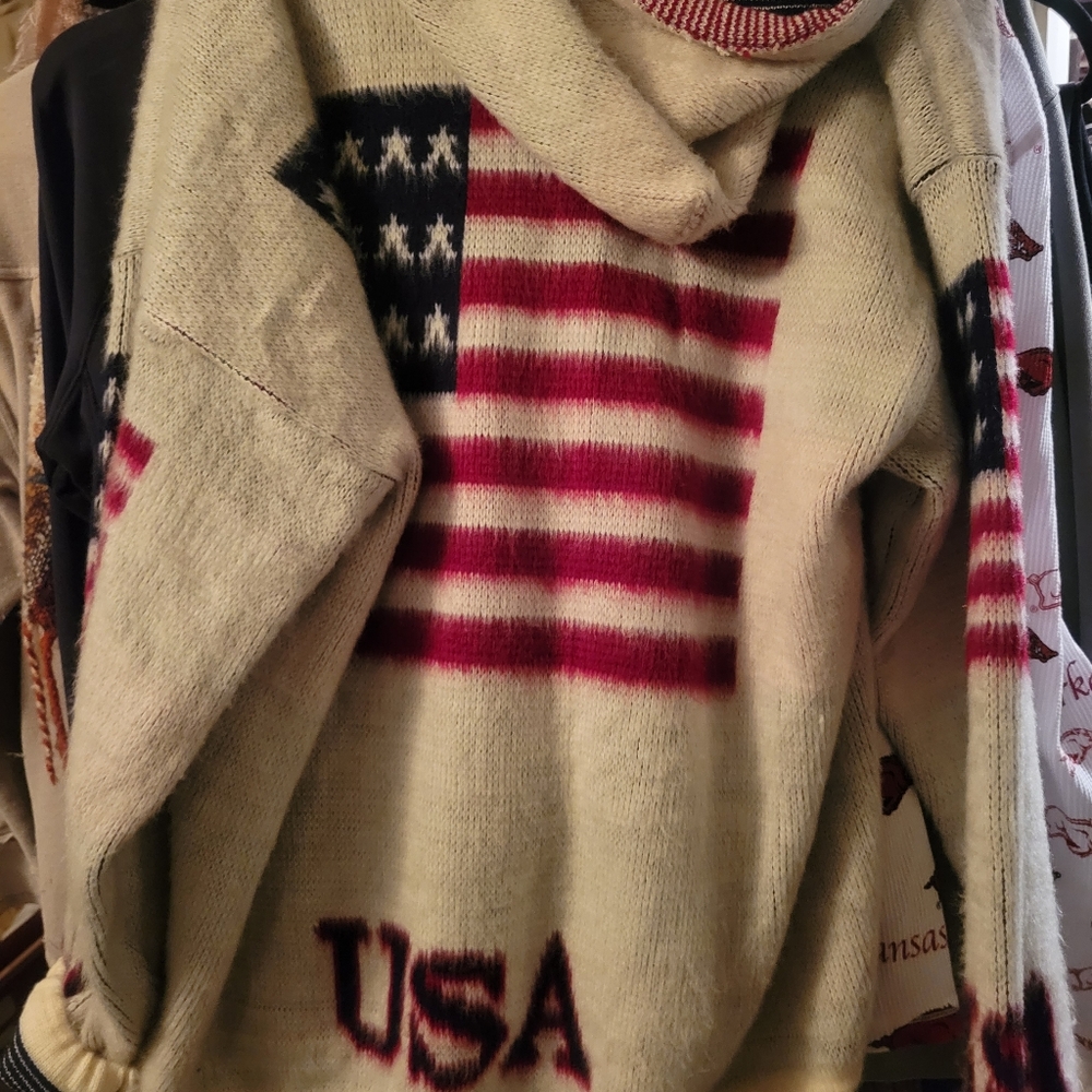 Womens wool full zip wool sweater jacket white with r/w/b US flag . Long sleeve.